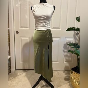 Olive Green Button-Side Assymetrical  Midi Skirt
